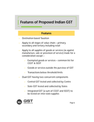  Destination based Taxation
 Apply to all stages of value chain – primary,
secondary and tertiary including retail
 Apply to all supplies of goods or services (as against
manufacture, sale or provision of service) made for a
consideration except –
 Exempted goods or services – common list for
CGST & SGST
 Goods or services outside the purview of GST
 Transactions below threshold limits
 Dual GST having two concurrent components
 Central GST levied and collected by Centre
 State GST levied and collected by States
 Integrated GST (a sum of CGST and SGST) to
be levied on inter-state supplies
Features
Features of Proposed Indian GST
Page 6
 