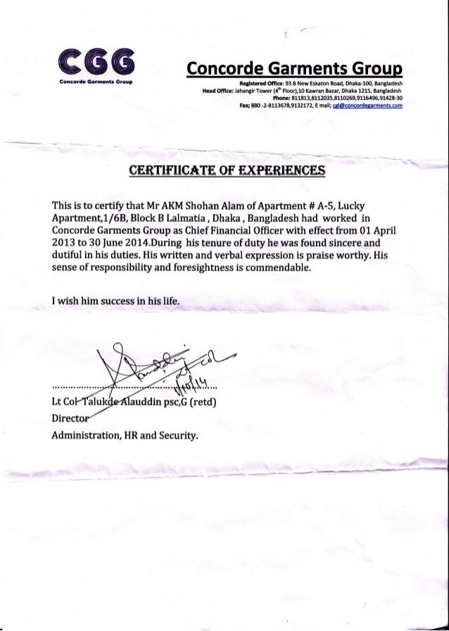 CGL Experience Certificate For AKM Sohan Alam CGL Experience Certificate For AKM Sohan Alam