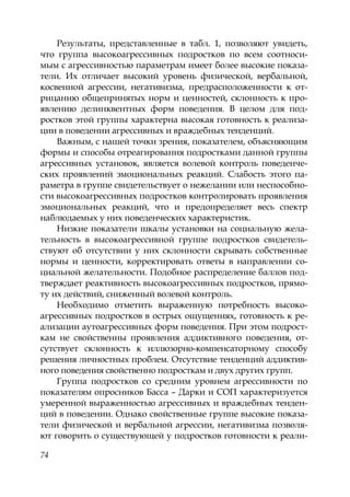 74
Результаты, представленные в табл. 1, позволяют увидеть,
что группа высокоагрессивных подростков по всем соотноси-
мым с агрессивностью параметрам имеет более высокие показа-
тели. Их отличает высокий уровень физической, вербальной,
косвенной агрессии, негативизма, предрасположенности к от-
рицанию общепринятых норм и ценностей, склонность к про-
явлению делинквентных форм поведения. В целом для под-
ростков этой группы характерна высокая готовность к реализа-
ции в поведении агрессивных и враждебных тенденций.
Важным, с нашей точки зрения, показателем, объясняющим
формы и способы отреагирования подростками данной группы
агрессивных установок, является волевой контроль поведенче-
ских проявлений эмоциональных реакций. Слабость этого па-
раметра в группе свидетельствует о нежелании или неспособно-
сти высокоагрессивных подростков контролировать проявления
эмоциональных реакций, что и предопределяет весь спектр
наблюдаемых у них поведенческих характеристик.
Низкие показатели шкалы установки на социальную жела-
тельность в высокоагрессивной группе подростков свидетель-
ствуют об отсутствии у них склонности скрывать собственные
нормы и ценности, корректировать ответы в направлении со-
циальной желательности. Подобное распределение баллов под-
тверждает реактивность высокоагрессивных подростков, прямо-
ту их действий, сниженный волевой контроль.
Необходимо отметить выраженную потребность высоко-
агрессивных подростков в острых ощущениях, готовность к ре-
ализации аутоагрессивных форм поведения. При этом подрост-
кам не свойственны проявления аддиктивного поведения, от-
сутствует склонность к иллюзорно-компенсаторному способу
решения личностных проблем. Отсутствие тенденций аддиктив-
ного поведения свойственно подросткам и двух других групп.
Группа подростков со средним уровнем агрессивности по
показателям опросников Басса – Дарки и СОП характеризуется
умеренной выраженностью агрессивных и враждебных тенден-
ций в поведении. Однако свойственные группе высокие показа-
тели физической и вербальной агрессии, негативизма позволя-
ют говорить о существующей у подростков готовности к реали-
Copyright ОАО «ЦКБ «БИБКОМ» & ООО «Aгентство Kнига-Cервис»
 