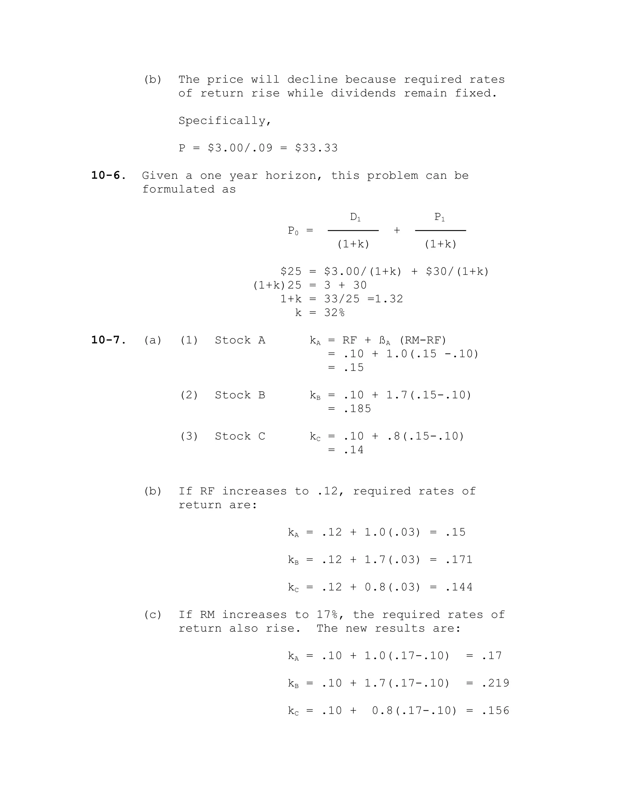 (b) The price will decline because required rates
of return rise while dividends remain fixed.
Specifically,
P = $3.00/.09 = $33.33
10-6. Given a one year horizon, this problem can be
formulated as
D1 P1
P0 = ─────── + ───────
(1+k) (1+k)
$25 = $3.00/(1+k) + $30/(1+k)
(1+k)25 = 3 + 30
1+k = 33/25 =1.32
k = 32%
10-7. (a) (1) Stock A kA = RF + ßA (RM-RF)
= .10 + 1.0(.15 -.10)
= .15
(2) Stock B kB = .10 + 1.7(.15-.10)
= .185
(3) Stock C kC = .10 + .8(.15-.10)
= .14
(b) If RF increases to .12, required rates of
return are:
kA = .12 + 1.0(.03) = .15
kB = .12 + 1.7(.03) = .171
kC = .12 + 0.8(.03) = .144
(c) If RM increases to 17%, the required rates of
return also rise. The new results are:
kA = .10 + 1.0(.17-.10) = .17
kB = .10 + 1.7(.17-.10) = .219
kC = .10 + 0.8(.17-.10) = .156
 