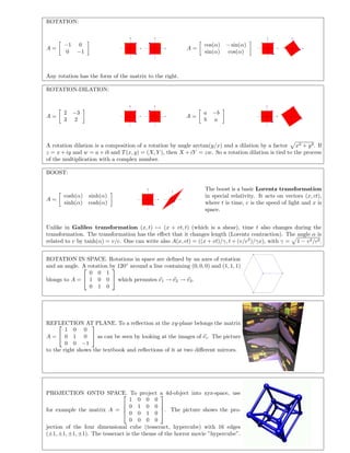 ROTATION:



       −1   0                                                    cos(α) − sin(α)
A=                                                        A=
        0   −1                                                   sin(α) cos(α)



Any rotation has the form of the matrix to the right.

ROTATION-DILATION:



       2 −3                                                      a   −b
A=                                                        A=
       3 2                                                       b   a



A rotation dilation is a composition of a rotation by angle arctan(y/x) and a dilation by a factor x2 + y 2 . If
z = x + iy and w = a + ib and T (x, y) = (X, Y ), then X + iY = zw. So a rotation dilation is tied to the process
of the multiplication with a complex number.

BOOST:

                                                                  The boost is a basic Lorentz transformation
       cosh(α) sinh(α)                                            in special relativity. It acts on vectors (x, ct),
A=
       sinh(α) cosh(α)                                            where t is time, c is the speed of light and x is
                                                                  space.


Unlike in Galileo transformation (x, t) → (x + vt, t) (which is a shear), time t also changes during the
transformation. The transformation has the eﬀect that it changes length (Lorentz contraction). The angle α is
related to v by tanh(α) = v/c. One can write also A(x, ct) = ((x + vt)/γ, t + (v/c 2 )/γx), with γ = 1 − v 2 /c2 .


ROTATION IN SPACE. Rotations in space are deﬁned by an axes of rotation
and an angle. A rotation by 120◦ around a line containing (0, 0, 0) and (1, 1, 1)
                         
                 0 0 1
blongs to A =  1 0 0  which permutes e1 → e2 → e3 .
                 0 1 0




REFLECTION AT PLANE. To a reﬂection at the xy-plane belongs the matrix
                 
        1 0 0
A =  0 1 0  as can be seen by looking at the images of ei . The picture
        0 0 −1
to the right shows the textbook and reﬂections of it at two diﬀerent mirrors.




PROJECTION ONTO SPACE. To project a 4d-object into xyz-space, use
                                             
                                  1 0 0 0
                               0 1 0 0 
for example the matrix A =                   
                               0 0 1 0 . The picture shows the pro-
                                  0 0 0 0
jection of the four dimensional cube (tesseract, hypercube) with 16 edges
(±1, ±1, ±1, ±1). The tesseract is the theme of the horror movie ”hypercube”.
 