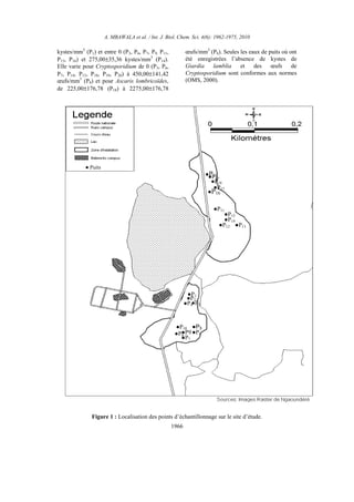 A. MBAWALA et al. / Int. J. Biol. Chem. Sci. 4(6): 1962-1975, 2010
1966
kystes/mm3
(P1) et entre 0 (P3, P6, P7, P9, P11,
P15, P16) et 275,00±35,36 kystes/mm3
(P14).
Elle varie pour Cryptosporidium de 0 (P3, P6,
P7, P14, P15, P18, P19, P20) à 450,00±141,42
œufs/mm3
(P8) et pour Ascaris lombricoïdes,
de 225,00±176,78 (P18) à 2275,00±176,78
œufs/mm3
(P8). Seules les eaux de puits où ont
été enregistrées l’absence de kystes de
Giardia lamblia et des œufs de
Cryptosporidium sont conformes aux normes
(OMS, 2000).
Figure 1 : Localisation des points d’échantillonnage sur le site d’étude.
●P1
●P2
●P3●P4
● Puits
●P5
●P6
●P7
●P8
●P9
●P10
●P11
●P12 ●P13
●P14
●P15
●P16
●P17
●P18
●P19●P20
 