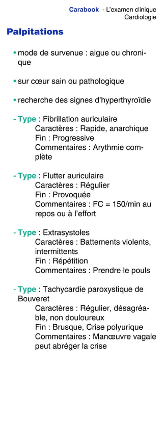 Carabook - L’examen clinique
Cardiologie
Palpitations
• mode de survenue : aigue ou chroni-
que
• sur cœur sain ou pathologique
• recherche des signes d’hyperthyroïdie
- Type : Fibrillation auriculaire
Caractères : Rapide, anarchique
Fin : Progressive
Commentaires : Arythmie com-
plète
- Type : Flutter auriculaire
Caractères : Régulier
Fin : Provoquée
Commentaires : FC = 150/min au
repos ou à l’effort
- Type : Extrasystoles
Caractères : Battements violents,
intermittents
Fin : Répétition
Commentaires : Prendre le pouls
- Type : Tachycardie paroxystique de
Bouveret
Caractères : Régulier, désagréa-
ble, non douloureux
Fin : Brusque, Crise polyurique
Commentaires : Manœuvre vagale
peut abréger la crise
 