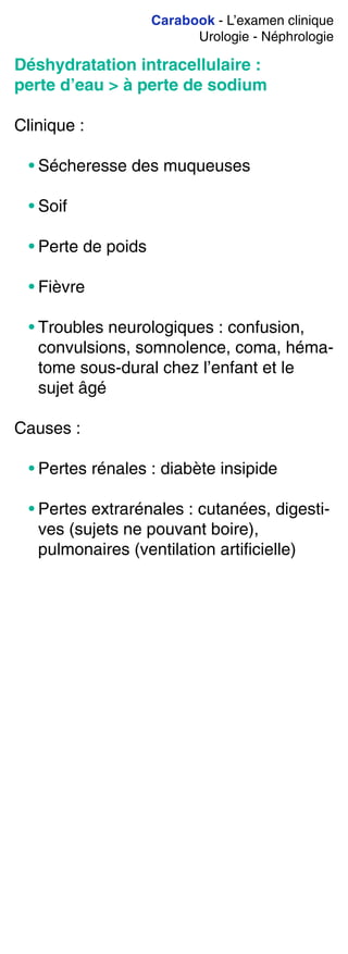 Carabook - L’examen clinique
Urologie - Néphrologie
Déshydratation intracellulaire :
perte d’eau > à perte de sodium
Clinique :
• Sécheresse des muqueuses
• Soif
• Perte de poids
• Fièvre
• Troubles neurologiques : confusion,
convulsions, somnolence, coma, héma-
tome sous-dural chez l’enfant et le
sujet âgé
Causes :
• Pertes rénales : diabète insipide
• Pertes extrarénales : cutanées, digesti-
ves (sujets ne pouvant boire),
pulmonaires (ventilation artificielle)
 
