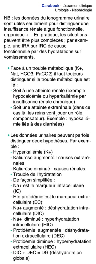 Carabook - L’examen clinique
Urologie - Néphrologie
NB : les données du ionogramme urinaire
sont utiles seulement pour distinguer une
insuffisance rénale aigue fonctionnelle,
organique ++. En pratique, les situations
peuvent être plus complexes ; par exem-
ple, une IRA sur IRC de cause
fonctionnelle par des hydratations sur
vomissements.
• Face à un trouble métabolique (K+,
Nat, HCO3, PaCO2) il faut toujours
distinguer si le trouble métabolique est
lié :
- Soit à une atteinte rénale (exemple :
hypocalcémie ou hyperkaliémie par
insuffisance rénale chronique)
- Soit une atteinte extrarénale (dans ce
cas là, les reins vont jouer un rôle
compensateur). Exemple : hypokalié-
mie liée à des diarrhées)
• Les données urinaires peuvent parfois
distinguer deux hypothèses. Par exem-
ple :
- Hyperkaliémie (K+)
- Kaliurèse augmenté : causes extraré-
nales
- Kaliurèse diminué : causes rénales
- Trouble de l’hydratation
- De façon simplifiée :
- Na+ est le marqueur intracellulaire
(IC)
- Hte protidémie est le marqueur extra-
cellulaire (EC)
- Na+ augmenté : déshydratation intra-
cellulaire (DIC)
- Na+ diminué : hyperhydratation
intracellulaire (HIC)
- Protidémie, augmentée : déshydrata-
tion extracellulaire (DEC)
- Protidémie diminué : hyperhydratation
extracellulaire (HEC)
- DIC + DEC = DG (déshydratation
globale)
 