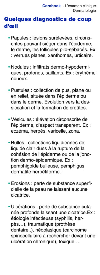 Carabook - L’examen clinique
Dermatologie
Quelques diagnostics de coup
d’œil
• Papules : lésions surélevées, circons-
crites pouvant siéger dans l’épiderme,
le derme, les follicules pilo-sébacés. Ex
: verrues planes, xanthomes, urticaire.
• Nodules : infiltrats dermo-hypodermi-
ques, profonds, saillants. Ex : érythème
noueux.
• Pustules : collection de pus, plane ou
en relief, située dans l’épiderme ou
dans le derme. Evolution vers la des-
siccation et la formation de croûtes.
• Vésicules : élévation circonscrite de
l’épiderme, d’aspect transparent. Ex :
eczéma, herpès, varicelle, zona.
• Bulles : collections liquidiennes de
liquide clair dues à la rupture de la
cohésion de l’épiderme ou de la jonc-
tion dermo-épidermique. Ex :
pemphigoide bulleuse, pemphigus,
dermatite herpétiforme.
• Erosions : perte de substance superfi-
cielle de la peau ne laissant aucune
cicatrice.
• Ulcérations : perte de substance cuta-
née profonde laissant une cicatrice.Ex :
étiologie infectieuse (syphilis, her-
pès…), traumatique (prothèse
dentaire..), néoplasique (carcinome
spinocellulaire à rechercher devant une
ulcération chronique), toxique…
 