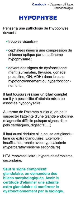 Carabook - L’examen clinique
Endocrinologie
HYPOPHYSE
Penser à une pathologie de l’hypophyse
devant :
• troubles visuels++
• céphalées (liées à une compression du
chiasma optique par un adénome
hypophysaire ;
• devant des signes de dysfonctionne-
ment (surrénales, thyroïde, gonade,
prolactine, GH, ADH) dans le sens
hypofonctionnement ou hyperfonction-
nement.
Il faut toujours réaliser un bilan complet
car il y a possibilité d’atteinte mixte ou
associée hypophysaire.
Au terme de l’examen clinique, on peut
suspecter l’atteinte d’une glande endocrine
(diagnostic difficile puisque signes d’ap-
pels cardiaques, digestifs, …)
Il faut aussi déduire si la cause est glandu-
laire ou extra glandulaire. Exemple :
insuffisance rénale avec hypocalcémie
(hyperparathyroïdisme secondaire)
HTA renovasculaire : hyperaldostéronisme
secondaire.
Sauf si signe compressif
glandulaire, on demandera des
bilans morphologiques. Avoir la
certitude d’éliminer une atteinte
extra glandulaire et conﬁrmer le
dysfonctionnement par la biologie.
 