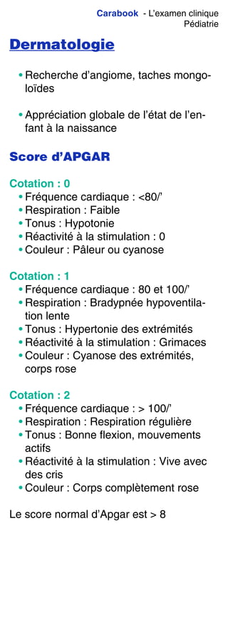 Carabook - L’examen clinique
Pédiatrie
Dermatologie
• Recherche d’angiome, taches mongo-
loïdes
• Appréciation globale de l’état de l’en-
fant à la naissance
Score d’APGAR
Cotation : 0
• Fréquence cardiaque : <80/’
• Respiration : Faible
• Tonus : Hypotonie
• Réactivité à la stimulation : 0
• Couleur : Pâleur ou cyanose
Cotation : 1
• Fréquence cardiaque : 80 et 100/’
• Respiration : Bradypnée hypoventila-
tion lente
• Tonus : Hypertonie des extrémités
• Réactivité à la stimulation : Grimaces
• Couleur : Cyanose des extrémités,
corps rose
Cotation : 2
• Fréquence cardiaque : > 100/’
• Respiration : Respiration régulière
• Tonus : Bonne flexion, mouvements
actifs
• Réactivité à la stimulation : Vive avec
des cris
• Couleur : Corps complètement rose
Le score normal d’Apgar est > 8
 
