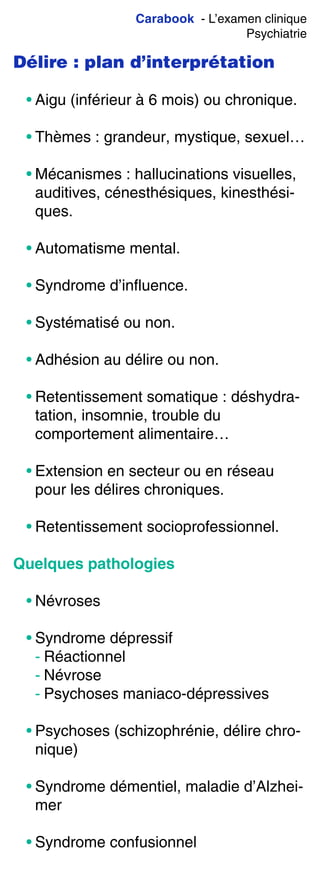 Carabook - L’examen clinique
Psychiatrie
Délire : plan d’interprétation
• Aigu (inférieur à 6 mois) ou chronique.
• Thèmes : grandeur, mystique, sexuel…
• Mécanismes : hallucinations visuelles,
auditives, cénesthésiques, kinesthési-
ques.
• Automatisme mental.
• Syndrome d’influence.
• Systématisé ou non.
• Adhésion au délire ou non.
• Retentissement somatique : déshydra-
tation, insomnie, trouble du
comportement alimentaire…
• Extension en secteur ou en réseau
pour les délires chroniques.
• Retentissement socioprofessionnel.
Quelques pathologies
• Névroses
• Syndrome dépressif
- Réactionnel
- Névrose
- Psychoses maniaco-dépressives
• Psychoses (schizophrénie, délire chro-
nique)
• Syndrome démentiel, maladie d’Alzhei-
mer
• Syndrome confusionnel
 