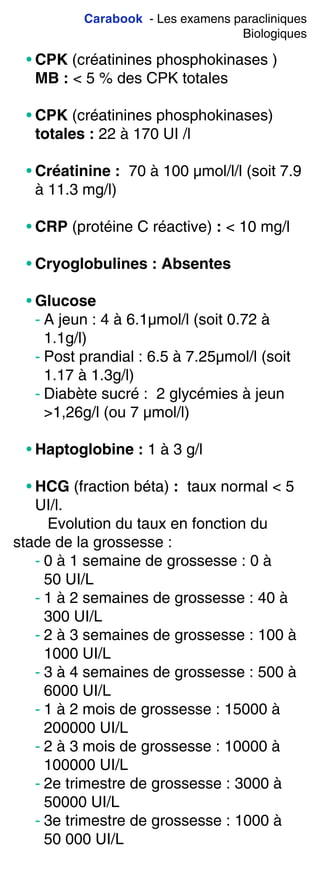 Carabook - Les examens paracliniques
Biologiques
• CPK (créatinines phosphokinases )
MB : < 5 % des CPK totales
• CPK (créatinines phosphokinases)
totales : 22 à 170 UI /l
• Créatinine : 70 à 100 µmol/l/l (soit 7.9
à 11.3 mg/l)
• CRP (protéine C réactive) : < 10 mg/l
• Cryoglobulines : Absentes
• Glucose
- A jeun : 4 à 6.1µmol/l (soit 0.72 à
1.1g/l)
- Post prandial : 6.5 à 7.25µmol/l (soit
1.17 à 1.3g/l)
- Diabète sucré : 2 glycémies à jeun
>1,26g/l (ou 7 µmol/l)
• Haptoglobine : 1 à 3 g/l
• HCG (fraction béta) : taux normal < 5
UI/l.
Evolution du taux en fonction du
stade de la grossesse :
- 0 à 1 semaine de grossesse : 0 à
50 UI/L
- 1 à 2 semaines de grossesse : 40 à
300 UI/L
- 2 à 3 semaines de grossesse : 100 à
1000 UI/L
- 3 à 4 semaines de grossesse : 500 à
6000 UI/L
- 1 à 2 mois de grossesse : 15000 à
200000 UI/L
- 2 à 3 mois de grossesse : 10000 à
100000 UI/L
- 2e trimestre de grossesse : 3000 à
50000 UI/L
- 3e trimestre de grossesse : 1000 à
50 000 UI/L
 