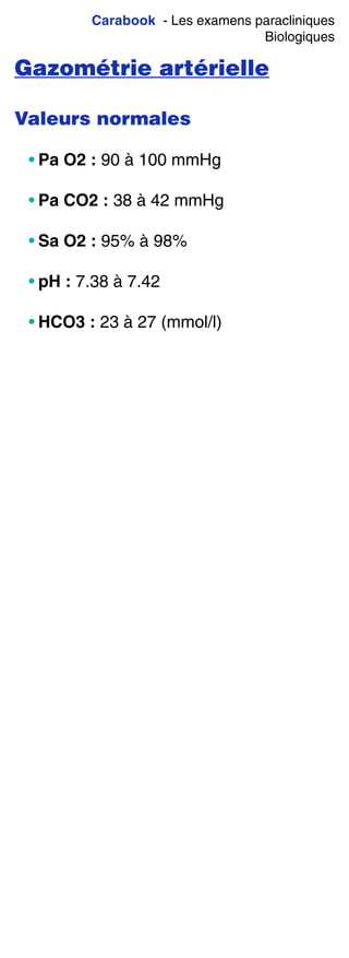 Carabook - Les examens paracliniques
Biologiques
Gazométrie artérielle
Valeurs normales
• Pa O2 : 90 à 100 mmHg
• Pa CO2 : 38 à 42 mmHg
• Sa O2 : 95% à 98%
• pH : 7.38 à 7.42
• HCO3 : 23 à 27 (mmol/l)
 