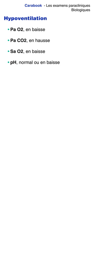 Carabook - Les examens paracliniques
Biologiques
Hypoventilation
• Pa O2, en baisse
• Pa CO2, en hausse
• Sa O2, en baisse
• pH, normal ou en baisse
 