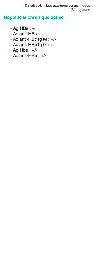 Carabook - Les examens paracliniques
Biologiques
Hépatite B chronique active
- Ag HBs : +
- Ac anti-HBs : -
- Ac anti-HBc Ig M : +/-
- Ac anti-HBc Ig G : +
- Ag Hbe : +/-
- Ac anti-HBe : +/-
 