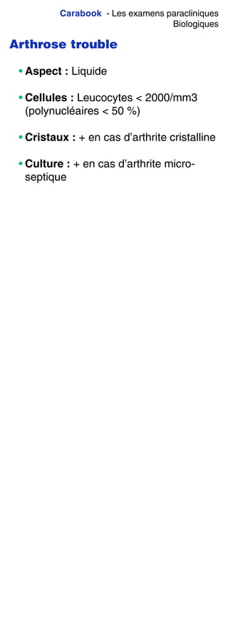 Carabook - Les examens paracliniques
Biologiques
Arthrose trouble
• Aspect : Liquide
• Cellules : Leucocytes < 2000/mm3
(polynucléaires < 50 %)
• Cristaux : + en cas d’arthrite cristalline
• Culture : + en cas d’arthrite micro-
septique
 