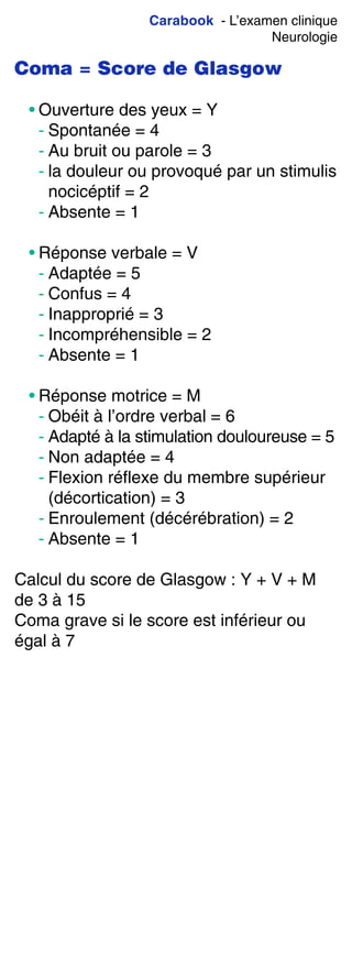 Carabook - L’examen clinique
Neurologie
Coma = Score de Glasgow
• Ouverture des yeux = Y
- Spontanée = 4
- Au bruit ou parole = 3
- la douleur ou provoqué par un stimulis
nocicéptif = 2
- Absente = 1
• Réponse verbale = V
- Adaptée = 5
- Confus = 4
- Inapproprié = 3
- Incompréhensible = 2
- Absente = 1
• Réponse motrice = M
- Obéit à l’ordre verbal = 6
- Adapté à la stimulation douloureuse = 5
- Non adaptée = 4
- Flexion réflexe du membre supérieur
(décortication) = 3
- Enroulement (décérébration) = 2
- Absente = 1
Calcul du score de Glasgow : Y + V + M
de 3 à 15
Coma grave si le score est inférieur ou
égal à 7
 