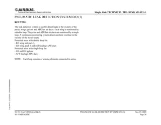 PNEUMATIC LEAK DETECTION SYSTEM D/O (3)
ROUTING
The leak detection system is used to detect leaks in the vicinity of the
packs, wings, pylons and APU hot air ducts. Each wing is monitored by
a double loop. The pylon andAPU hot air ducts are monitored by a single
loop. A continuous monitoring system detects ambient overheat in the
vicinity of the hot air ducts.
Protected areas with double loop for:
- RH wing and pack 2,
- LH wing, pack 1 and mid fuselage APU duct.
Protected areas with single loop for:
- LH and RH pylons,
- AFT fuselage APU duct.
NOTE: Each loop consists of sensing elements connected in series.
T1+T2 (IAE V2500) (Lvl 2&3)
36 - PNEUMATIC
PNEUMATIC LEAK DETECTION SYSTEM D/O (3) Nov 27, 2009
Page 38
Single Aisle TECHNICAL TRAINING MANUAL
UAL09471
-
U5CT0T0
-
UM36D4000000001
 