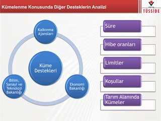 Kümelenme Konusunda Diğer Desteklerin Analizi
Küme
Destekleri
Kalkınma
Ajansları
Ekonomi
Bakanlığı
Bilim,
Sanayi ve
Teknoloji
Bakanlığı
Süre
Hibe oranları
Limitler
Koşullar
Tarım Alanında
Kümeler
 