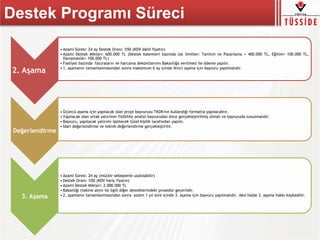 Destek Programı Süreci
2. Aşama
• Azami Süresi: 24 ay Destek Oranı: %50 (KDV dahil fiyatın)
• Azami Destek Miktarı: 600.000 TL (Destek kalemleri bazında üst limitler: Tanıtım ve Pazarlama = 400.000 TL, Eğitim= 100.000 TL,
Danışmanlık= 100.000 TL)
• Faaliyet bazında faturaların ve harcama dekontlarının Bakanlığa verilmesi ile ödeme yapılır.
• 1. aşamanın tamamlanmasından sonra maksimum 6 ay içinde ikinci aşama için başvuru yapılmalıdır.
Değerlendirme
• Üçüncü aşama için yapılacak olan proje başvurusu TKDK'nın kullandığı formatta yapılacaktır.
• Yapılacak olan ortak yatırımın fizibilite analizi başvurudan önce gerçekleştirilmiş olmalı ve başvuruda sunulmalıdır.
• Başvuru, yapılacak yatırımı işletecek tüzel kişilik tarafından yapılır.
• İdari değerlendirme ve teknik değerlendirme gerçekleştirilir.
3. Aşama
• Azami Süresi: 24 ay (mücbir sebeplerle uzatılabilir)
• Destek Oranı: %50 (KDV hariç fiyatın)
• Azami Destek Miktarı: 2.000.000 TL
• Bakanlığı makine alımı ile ilgili diğer desteklerindeki prosedür geçerlidir.
• 2. aşamanın tamamlanmasından sonra azami 1 yıl süre içinde 3. aşama için başvuru yapılmalıdır. Aksi halde 3. aşama hakkı kaybedilir.
 