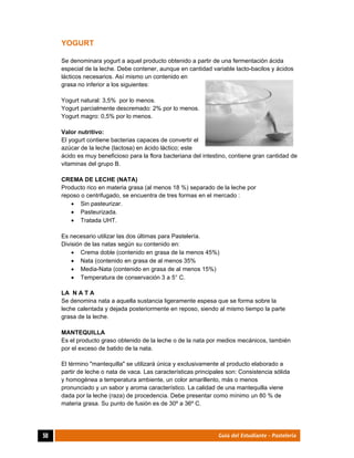  
50	 Guía del Estudiante - Pastelería
YOGURT
Se denominara yogurt a aquel producto obtenido a partir de una fermentación ácida
especial de la leche. Debe contener, aunque en cantidad variable lacto-bacilos y ácidos
lácticos necesarios. Así mismo un contenido en
grasa no inferior a los siguientes:
Yogurt natural: 3,5% por lo menos.
Yogurt parcialmente descremado: 2% por lo menos.
Yogurt magro: 0,5% por lo menos.
Valor nutritivo:
El yogurt contiene bacterias capaces de convertir el
azúcar de la leche (lactosa) en ácido láctico; este
ácido es muy beneficioso para la flora bacteriana del intestino, contiene gran cantidad de
vitaminas del grupo B.
CREMA DE LECHE (NATA)
Producto rico en materia grasa (al menos 18 %) separado de la leche por
reposo o centrifugado, se encuentra de tres formas en el mercado :
 Sin pasteurizar.
 Pasteurizada.
 Tratada UHT.
Es necesario utilizar las dos últimas para Pastelería.
División de las natas según su contenido en:
 Crema doble (contenido en grasa de la menos 45%)
 Nata (contenido en grasa de al menos 35%
 Media-Nata (contenido en grasa de al menos 15%)
 Temperatura de conservación 3 a 5° C.
LA N A T A
Se denomina nata a aquella sustancia ligeramente espesa que se forma sobre la
leche calentada y dejada posteriormente en reposo, siendo al mismo tiempo la parte
grasa de la leche.
MANTEQUILLA
Es el producto graso obtenido de la leche o de la nata por medios mecánicos, también
por el exceso de batido de la nata.
El término "mantequilla" se utilizará única y exclusivamente al producto elaborado a
partir de leche o nata de vaca. Las características principales son: Consistencia sólida
y homogénea a temperatura ambiente, un color amarillento, más o menos
pronunciado y un sabor y aroma característico. La calidad de una mantequilla viene
dada por la leche (raza) de procedencia. Debe presentar como mínimo un 80 % de
materia grasa. Su punto de fusión es de 30º a 36º C.
 