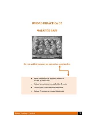  
55Guía del Estudiante - Pastelería
UNIDAD	DIDÁCTICA	O2	
MASAS	DE	BASE		
 
 
En	esta	unidad	lograrás	las	siguientes	capacidades:	
 Aplicar las técnicas de pastelería en todo el
proceso de producción
 Elaborar productos con masas Batidas Crecidas
 Elaborar productos con masas Quebradas
 Elaborar Productos con masas Hojaldradas
 