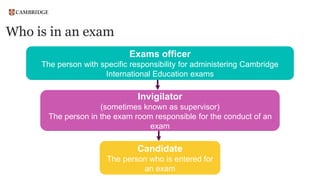 Who is in an exam
Exams officer
The person with specific responsibility for administering Cambridge
International Education exams
Invigilator
(sometimes known as supervisor)
The person in the exam room responsible for the conduct of an
exam
Candidate
The person who is entered for
an exam
 