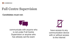 Full Centre Supervision
Candidates must not:
communicate with anyone who
is not under Full Centre
Supervision or anyone who
has already sat the exam
have access to any
communication device
with or without access
to the internet
 