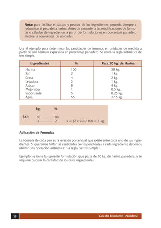 Nota: para facilitar el cálculo y pesado de los ingredientes, proceda siempre a
          redondear el peso de la harina. Antes de proceder a las modificaciones de fórmu-
          las o cálculos de ingredientes a partir de formulaciones en porcentaje panadero
          efectúe la conversión de unidades.


     Use el ejemplo para determinar las cantidades de insumos en unidades de medida a
     partir de una fórmula expresada en porcentaje panadero. Se usará la regla aritmética de
     tres simple.

     	         Ingredientes	                     %	                 Para 50 kg. de Harina
     	    Harina	                             100	                         50 kg.
     	    Sal	                                2	                           1 kg.
     	    Grasa	                              4	                           2 kg.
     	    Levadura	                           2	                           1 kg.
     	    Azúcar	                             8	                           4 kg.
     	    Mejorador	                          1	                           0.5 kg.
     	    Saborizante	                        5	                           0.25 kg.
     	    Agua	                               55	                          27.5 kg.


     		           kg.	              %

     	 Sal:	       50.............. 100
     		             x................. 2	   x = (2 x 50) / 100 = 1 kg.


     Aplicación de Fórmulas

     La fórmula de cada pan es la relación porcentual que existe entre cada uno de sus ingre-
     dientes. Si queremos hallar las cantidades correspondientes a cada ingrediente debemos
     utilizar una operación aritmética: “la regla de tres simple”.

     Ejemplo: se tiene la siguiente formulación que parte de 50 kg. de harina panadera, y se
     requiere calcular la cantidad de los otros ingredientes:




56                                                                Guía del Estudiante - Panadería
 