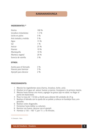 KARAMANDUNGA



INGREDIENTES:10

Harina	                              100 %
Levadura instantánea	                1.5 %
Leche en polvo	                      5%
Anís tostado y molido	               5%
Agua	                                15 %
Sal	                                 1%
Azúcar	                              25 %
Huevos	                              10 %
Mantequilla	                         10 %
Manteca vegetal	                     20 %
Esencia de vainilla	                 3%

OTROS:

Aceite para el formado	              3%
Huevos para barnizar	                3%
Ajonjolí para decorar	               2%




PROCEDIMIENTO:

     1	 Mezclar los ingredientes secos (harina, levadura, leche, anís).
     2	 Disolver en el agua sal, azúcar, huevos y esencia. Incorporar a la primera mezcla.
     3	 Mezclar hasta formar una masa y agregar las grasas (ojo no sobar, no llegar al
        punto de elasticidad).
     4	 Pesar la masa de 1 ½ kilo y dividir para obtener 60 unidades de 25 g.
     5	 Realizar el labrado con la ayuda de un palote y colocar en bandejas lisas y en-
        grasadas.
     6	 Realizar cortes diagonales.
     7	 Fermentar hasta doblar su volumen.
     8	 Barnizar con huevo, decorar con el ajonjolí.
     9	 Hornear a 150 – 160 °C por 15 a 18 minutos.



10.	Recetario - Nova




   Guía del Estudiante - Panadería                                                           71
 