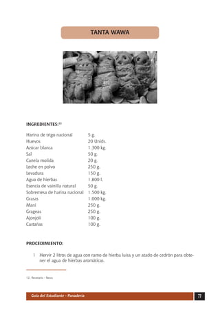 TANTA WAWA




INGREDIENTES:12

Harina de trigo nacional	            5 g.
Huevos	                              20 Unids.
Azúcar blanca	                       1.300 kg.
Sal	                                 50 g.
Canela molida	                       20 g.
Leche en polvo	                      250 g.
Levadura	                            150 g.
Agua de hierbas	                     1.800 l.
Esencia de vainilla natural	         50 g.
Sobremesa de harina nacional	        1.500 kg.
Grasas	                              1.000 kg.
Maní	                                250 g.
Grageas	                             250 g.
Ajonjolí	                            100 g.
Castañas	                            100 g.



PROCEDIMIENTO:

     1	 Hervir 2 litros de agua con ramo de hierba luisa y un atado de cedrón para obte-
        ner el agua de hierbas aromáticas.


12.	Recetario - Nova




   Guía del Estudiante - Panadería                                                         77
 