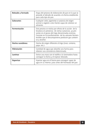 Boleado y formado	                 Etapa del proceso de elaboración de pan en la que se
                                   procede al labrado de acuerdo a la forma establecida
                                   para cada tipo de pan.
Colorantes	                        Cualquier color, pigmento o sustancia de origen
                                   animal o vegetal u otra fuente capaz de colorear un
                                   alimento
Fermentación	                      Este proceso se realiza por efecto de la acción de la
                                   levadura en presencia de ciertas sustancias, ya pre-
                                   sentes en el grano del trigo denominadas enzimas.
                                   Consiste en la transformación de los azúcares fermen-
                                   tecibles que al descomponerse producen gas carbóni-
                                   co y alcohol.
Harina sucedánea	                  Harina de origen diferente al trigo (maíz, centeno,
                                   papa, etc.)
Hidratación	                       Cantidad de agua que absorbe una harina para
                                   obtener una consistencia determinada.
Laminar	                           Estirar una masa con el rodillo o la laminadora hasta
                                   conseguir la forma y el espesor deseado.
Vaporizar	                         Inyectar agua en el horno para conseguir vapor de
                                   agua en su interior, justo antes del horneado del pan.




 Guía del Estudiante - Panadería                                                            95
 