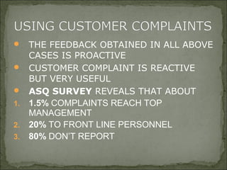  THE FEEDBACK OBTAINED IN ALL ABOVE
CASES IS PROACTIVE
 CUSTOMER COMPLAINT IS REACTIVE
BUT VERY USEFUL
 ASQ SURVEY REVEALS THAT ABOUT
1. 1.5% COMPLAINTS REACH TOP
MANAGEMENT
2. 20% TO FRONT LINE PERSONNEL
3. 80% DON’T REPORT
 