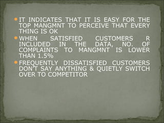 IT INDICATES THAT IT IS EASY FOR THE
TOP MANGMNT TO PERCEIVE THAT EVERY
THING IS OK
WHEN SATISFIED CUSTOMERS R
INCLUDED IN THE DATA, NO. OF
COMPLAINTS TO MANGMNT IS LOWER
THAN 1.5%
FREQUENTLY DISSATISFIED CUSTOMERS
DON’T SAY ANYTHING & QUIETLY SWITCH
OVER TO COMPETITOR
 