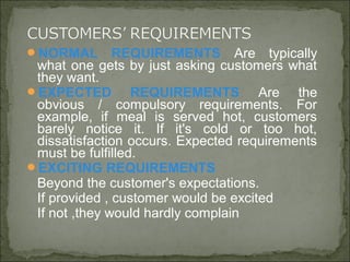 NORMAL REQUIREMENTS Are typically
what one gets by just asking customers what
they want.
EXPECTED REQUIREMENTS Are the
obvious / compulsory requirements. For
example, if meal is served hot, customers
barely notice it. If it's cold or too hot,
dissatisfaction occurs. Expected requirements
must be fulfilled.
EXCITING REQUIREMENTS
Beyond the customer's expectations.
If provided , customer would be excited
If not ,they would hardly complain
 