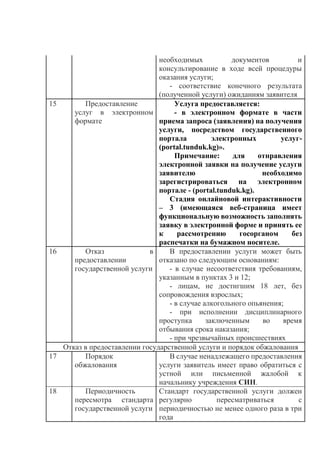 необходимых документов и
консультирование в ходе всей процедуры
оказания услуги;
- соответствие конечного результата
(полученной услуги) ожиданиям заявителя
15 Предоставление
услуг в электронном
формате
Услуга предоставляется:
- в электронном формате в части
приема запроса (заявления) на получения
услуги, посредством государственного
портала электронных услуг-
(portal.tunduk.kg)».
Примечание: для отправления
электронной заявки на получение услуги
заявителю необходимо
зарегистрироваться на электронном
портале - (portal.tunduk.kg).
Стадия онлайновой интерактивности
– 3 (имеющаяся веб-страница имеет
функциональную возможность заполнять
заявку в электронной форме и принять ее
к рассмотрению госорганом без
распечатки на бумажном носителе.
16 Отказ в
предоставлении
государственной услуги
В предоставлении услуги может быть
отказано по следующим основаниям:
- в случае несоответствия требованиям,
указанным в пунктах 3 и 12;
- лицам, не достигшим 18 лет, без
сопровождения взрослых;
- в случае алкогольного опьянения;
- при исполнении дисциплинарного
проступка заключенным во время
отбывания срока наказания;
- при чрезвычайных происшествиях
Отказ в предоставлении государственной услуги и порядок обжалования
17 Порядок
обжалования
В случае ненадлежащего предоставления
услуги заявитель имеет право обратиться с
устной или письменной жалобой к
начальнику учреждения СИН.
18 Периодичность
пересмотра стандарта
государственной услуги
Стандарт государственной услуги должен
регулярно пересматриваться с
периодичностью не менее одного раза в три
года
 