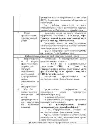 труженики тыла и приравненные к ним лица,
ЛОВЗ, беременные женщины) обслуживаются
вне очереди.
Для удобства посетителей в месте
предоставления услуги размещаются перечень
документов, необходимых для приобретения
7 Сроки
предоставления
государственной
услуги
Предельное время на прием документов,
оформление заявления - 15-20 минут, через
Государственный портал электронных услуг
(portal.tunduk.kg) автоматически
Предельное время на консультирование
специалистами по телефону и в личной беседе не
должно превышать 10 минут.
Предельное время на получение полиса ОМС
составляет не более 5 рабочих дней
Информирование получателей о государственной услуге
8 Информирован
ие об услугах,
предоставляемых
потребителю
(перечень
необходимой
информации), и
государственном
органе,
ответственном за
их
стандартизацию
Информацию о государственной услуге
гражданин может получить:
- в СИН или в подведомственных
учреждениях СИН, а также на
Государственном портале электронных услуг
(portal.tunduk.kg) и на официальном сайте
СИН (www.gsin.gov.kg)
Информация предоставляется на
государственном и официальном языках.
9 Способы
распространения
информации об
услуге
(охарактеризовать
или перечислить
все возможные
способы)
Предоставление информации об
оказываемой услуге гарантируется
обратившемуся лицу:
- в письменной форме;
- в устной форме (по телефону, при личном
контакте с сотрудниками);
- на Государственном портале
электронных услуг (portal.tunduk.kg);
- на информационных стендах на
государственном и официальном языках.
Адреса, номера телефонов и режим работы
размещаются на сайте уполномоченного органа
сфере исполнения наказаний
Обслуживание и оказание государственной услуги
 