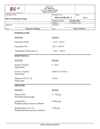 D G 21
D G 21
Partner for the 21st
Century
DG21, LLC
PSC 466 Box 24
U.S. Navy Support Facility
Diego Garcia, B.I.O.T.
Document Title: Document No.: Page:
DG-21 Laboratory Scope
3D4-CAP-001 Rev. 3 1 of 4
Effective Date: 30 July 2011
Replaces: 21 February 2009
Approval: Approval:
Title: Laboratory Manager Title: Annex 3 Director
TEMPERATURE
SYSTEM RANGE
Fluke/Hart 9102S - 10º C - 120 ºC
Fluke/Hart 9141 50º C - 650 ºC
*Fluke/Hart 1524 & 5616-12 -38º C – 160º C
DIMENSIONAL
SYSTEM RANGE
Starrett 5 Grade 0 5 – 20 in
Gage blocks
Fowler 11 Grade 2 0.0625 in 4.5375 in
Gage blocks
Mitutoyo 547-211-1A 0-18 in
Height gage
PRESSURE
SYSTEM RANGE
Mensor 2320 0 – 5K psig
Port digital pressure gage
Ametek MT-1 0-10K psig
Portable hydraulic pressure calibrator
King Nutronics 3731-2-1 3-6K psig
Portable pneumatic pressure calibrator
DG21 Company Proprietary
 