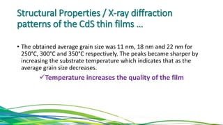 Structural Properties / X-ray diffraction
patterns of the CdS thin films …
• The obtained average grain size was 11 nm, 18 nm and 22 nm for
250°C, 300°C and 350°C respectively. The peaks became sharper by
increasing the substrate temperature which indicates that as the
average grain size decreases.
Temperature increases the quality of the film
 