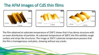 The AFM images of CdS thin films
The film obtained at substrate temperature of 250°C shows that it has dense structure with
un-even distribution of particles. At substrate temperature of 300°C the film exhibits rough
surface and strips like structures. The image at 350°C substrate temperature possess that
the film is homogeneous and plain, showing without any cracks.
 