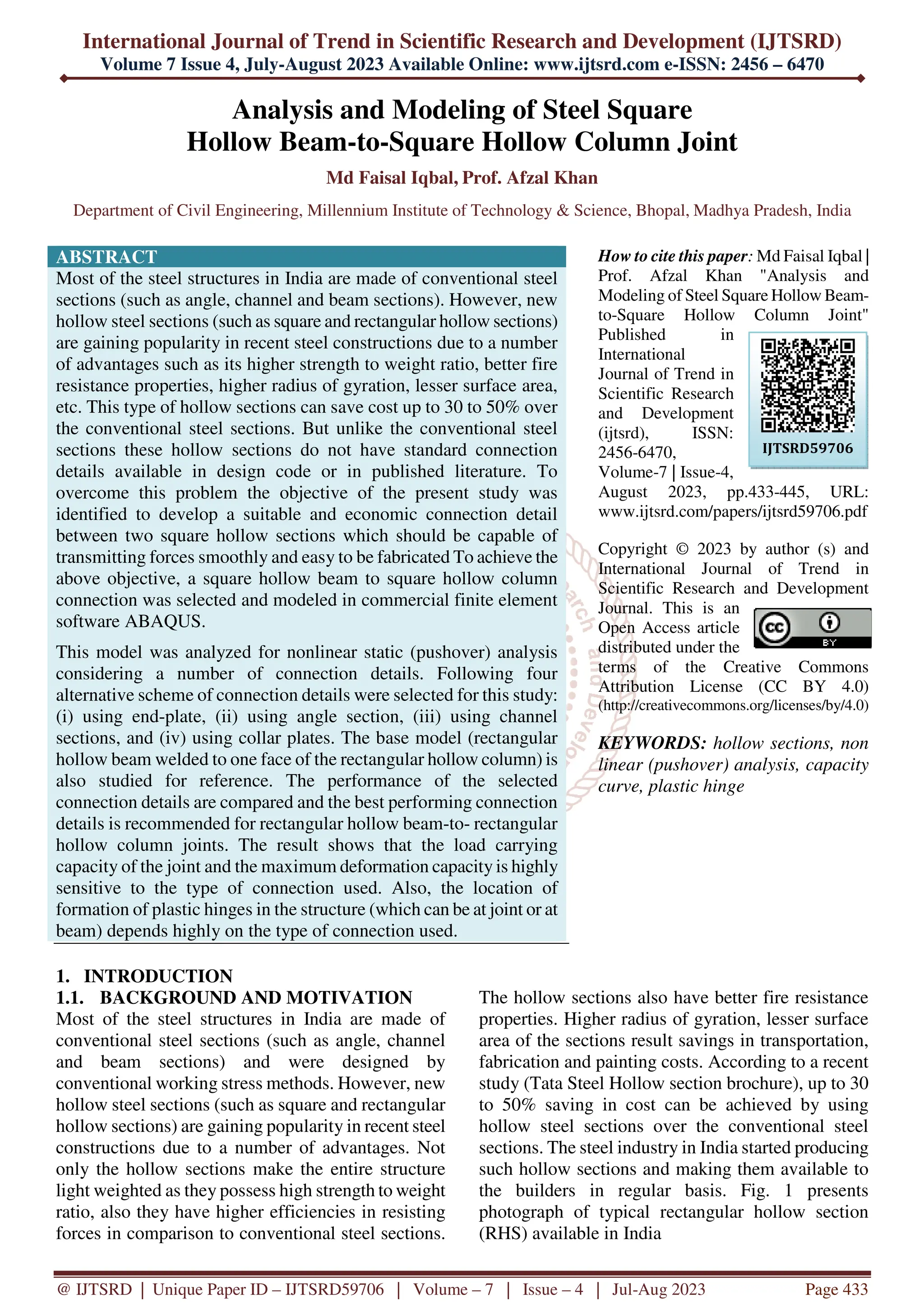 Analysis and Modeling of Steel Square Hollow Beam to Square Hollow ...