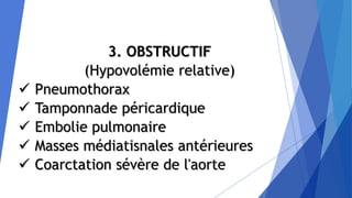 3. OBSTRUCTIF
(Hypovolémie relative)
 Pneumothorax
 Tamponnade péricardique
 Embolie pulmonaire
 Masses médiatisnales antérieures
 Coarctation sévère de l'aorte
 