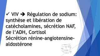  VIV  Régulation de sodium:
synthèse et libération de
catécholamines, sécrétion NAF,
de l‘ADH, Cortisol
Sécrétion rénine-angiotensine-
aldostérone
 