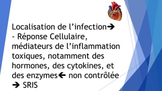 Localisation de l’infection
- Réponse Cellulaire,
médiateurs de l’inflammation
toxiques, notamment des
hormones, des cytokines, et
des enzymes non contrôlée
 SRIS
 