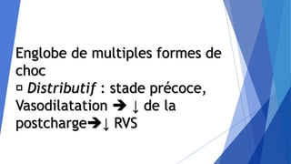 Englobe de multiples formes de
choc
Distributif : stade précoce,
Vasodilatation  ↓ de la
postcharge↓ RVS
 