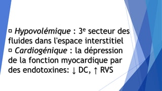 Hypovolémique : 3e secteur des
fluides dans l'espace interstitiel
Cardiogénique : la dépression
de la fonction myocardique par
des endotoxines: ↓ DC, ↑ RVS
 