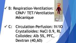  B: Respiration-Ventilation:
CPAP/ TET/Ventilation
Mécanique
 C: Circulation-Perfusion: IV/IO
Crystalloides: NaCl 0.9, RL
Colloides: Alb 5%, PFC,
Dextran (40,60)
 