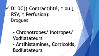  D: DC(↑ Contractilité, ↑ ou ↓
RSV, ↑ Perfusion):
Drogues
- Chronotropes/ Inotropes/
Vxdilatateurs
- Antihistamines, Corticoids,
Bxdilatateurs
 