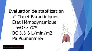 Evaluation de stabilization
 Clx et Paracliniques
Etat Hémodynamique
SvO2> 70%
DC 3.3-6 L/min/m2
Po Pulmonaire?
 