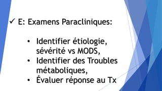  E: Examens Paracliniques:
• Identifier étiologie,
sévérité vs MODS,
• Identifier des Troubles
métaboliques,
• Évaluer réponse au Tx
 