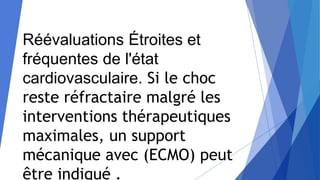 Réévaluations Étroites et
fréquentes de l'état
cardiovasculaire. Si le choc
reste réfractaire malgré les
interventions thérapeutiques
maximales, un support
mécanique avec (ECMO) peut
être indiqué .
 