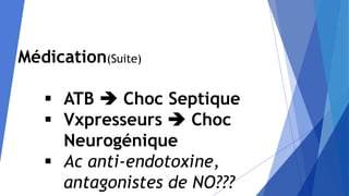 Médication(Suite)
 ATB  Choc Septique
 Vxpresseurs  Choc
Neurogénique
 Ac anti-endotoxine,
antagonistes de NO???
 
